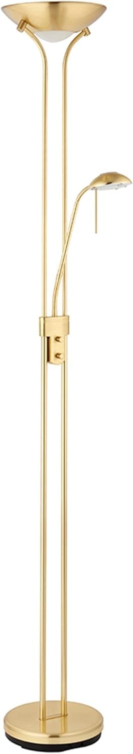 Satin Brass Floor Lamp with Reading Light Dimmable 180cm Tall Uplighter