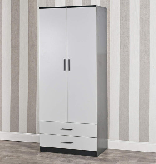 Modern White Black Wardrobe 2 Door 2 Drawer Rail Slim Bedroom Storage