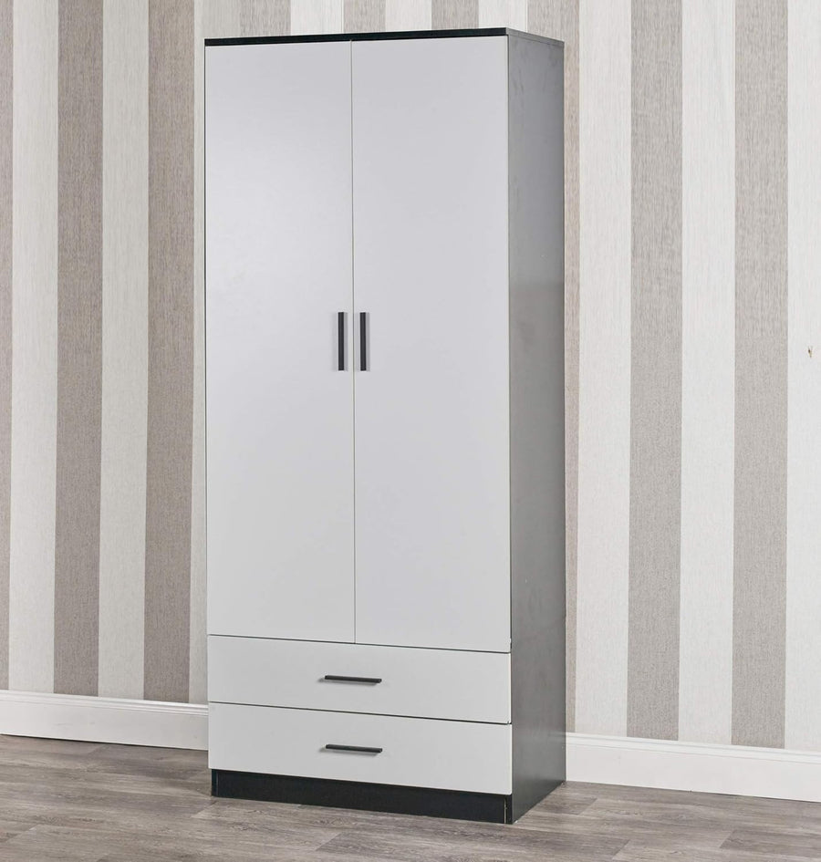 Modern White Black Wardrobe 2 Door 2 Drawer Rail Slim Bedroom Storage
