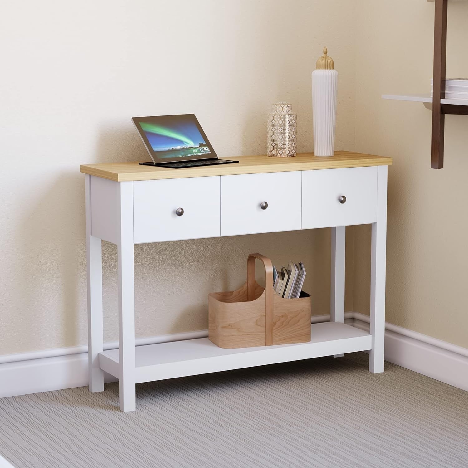 Modern White Console Table with 3 Drawers & Oak Top - Hallway Storage Shelf