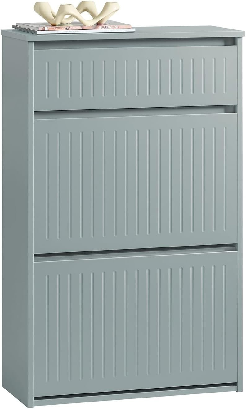 Slim Grey Shoe Storage Cabinet 2 Flip + 1 Pull-Out Drawer, Space Saver