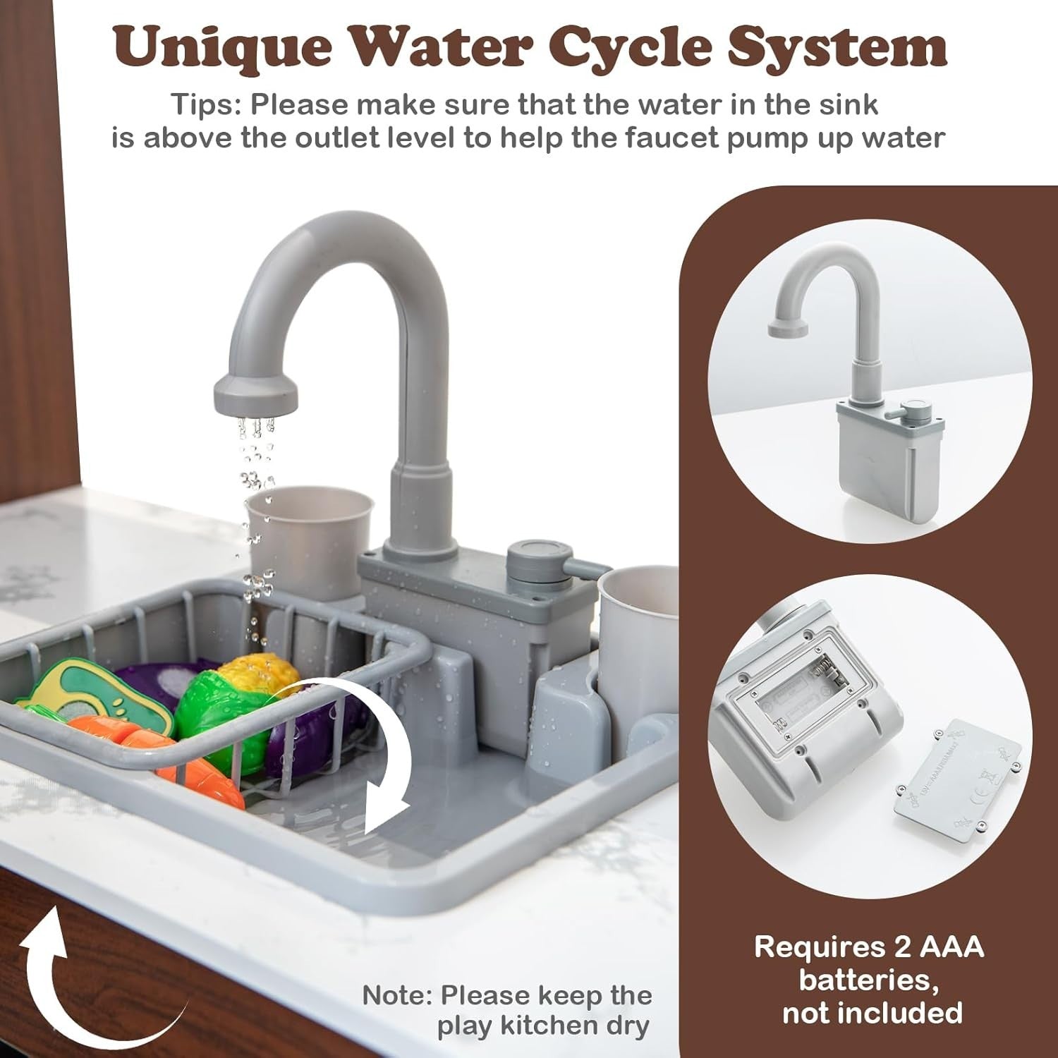 Kids Corner Play Kitchen Lights Sounds Ice Maker Water Sink Brown