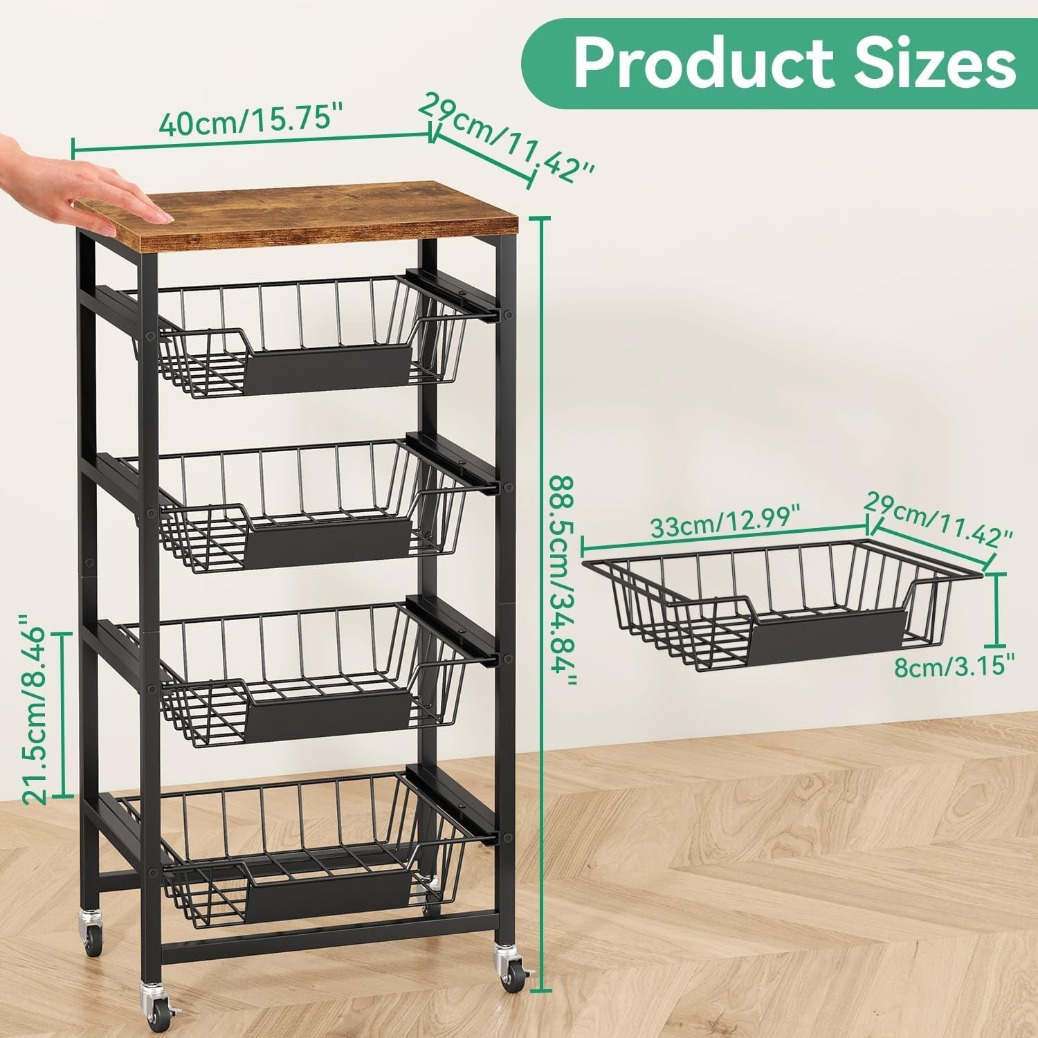 5 Tier Rolling Kitchen Storage Cart Fruit Basket Trolley Rustic Brown
