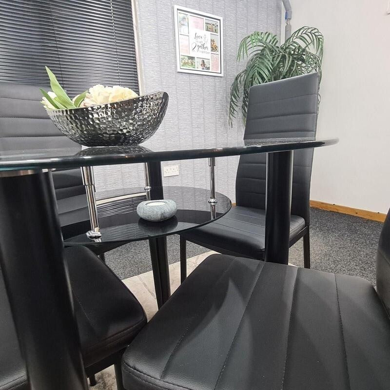 Round Glass Dining Table Set with 4 Faux Leather Chairs Black Modern