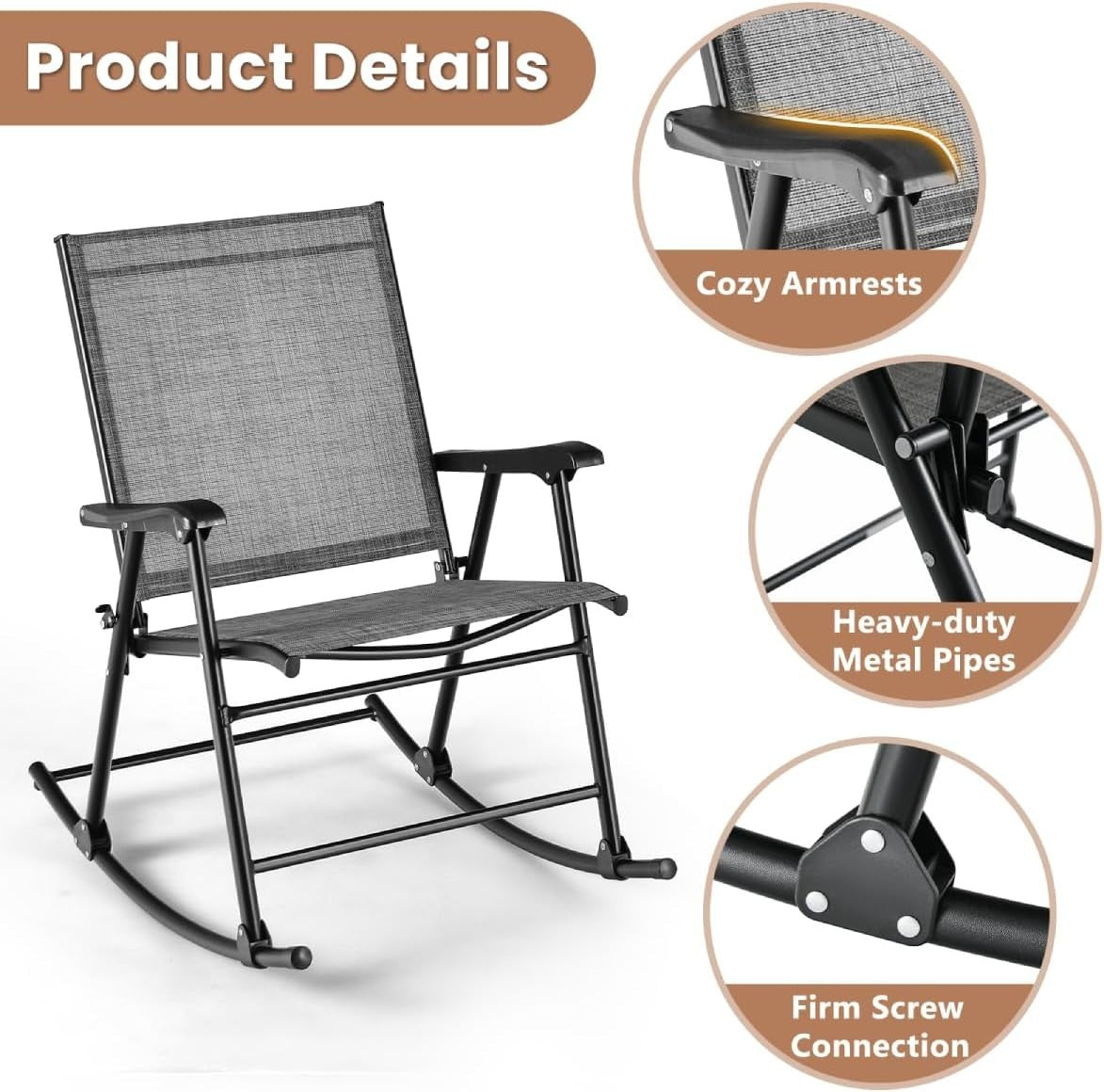 Outdoor Folding Rocking Chairs with Tempered Glass Table Patio Set