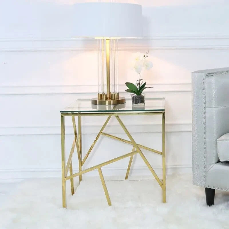 Modern Gold Glass End Table with Abstract Frame | Chic Side Accent Unit