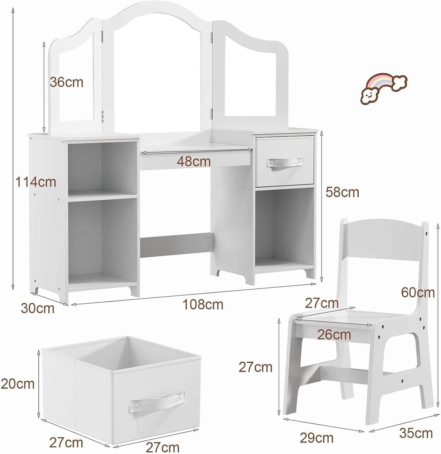 Kids Vanity Table & Chair Set w/ Mirror & Storage – White Makeup Desk for Girls
