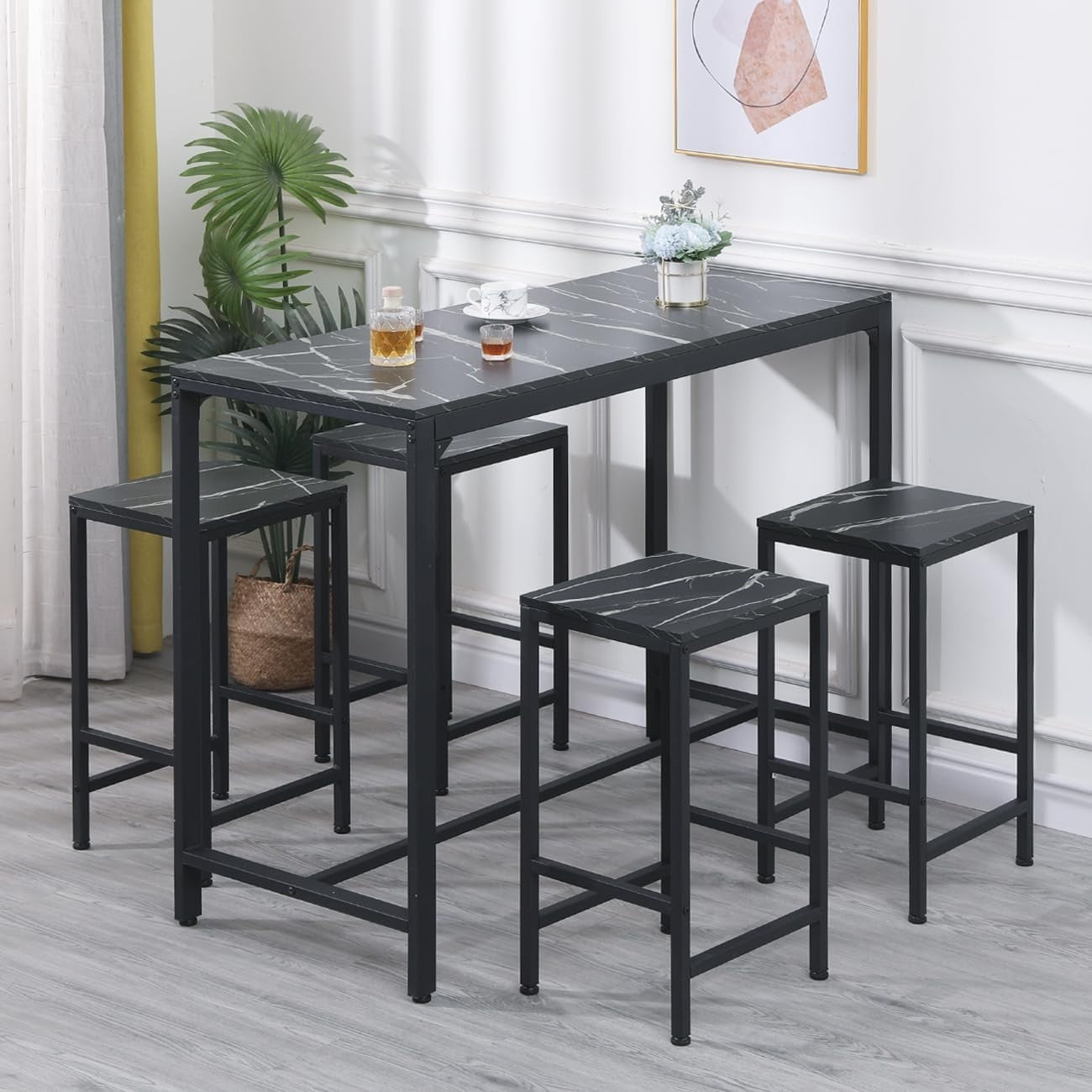 5Pcs Bar Table Set with 4 Stools Black Marble Top Dining Kitchen Unit Furniture