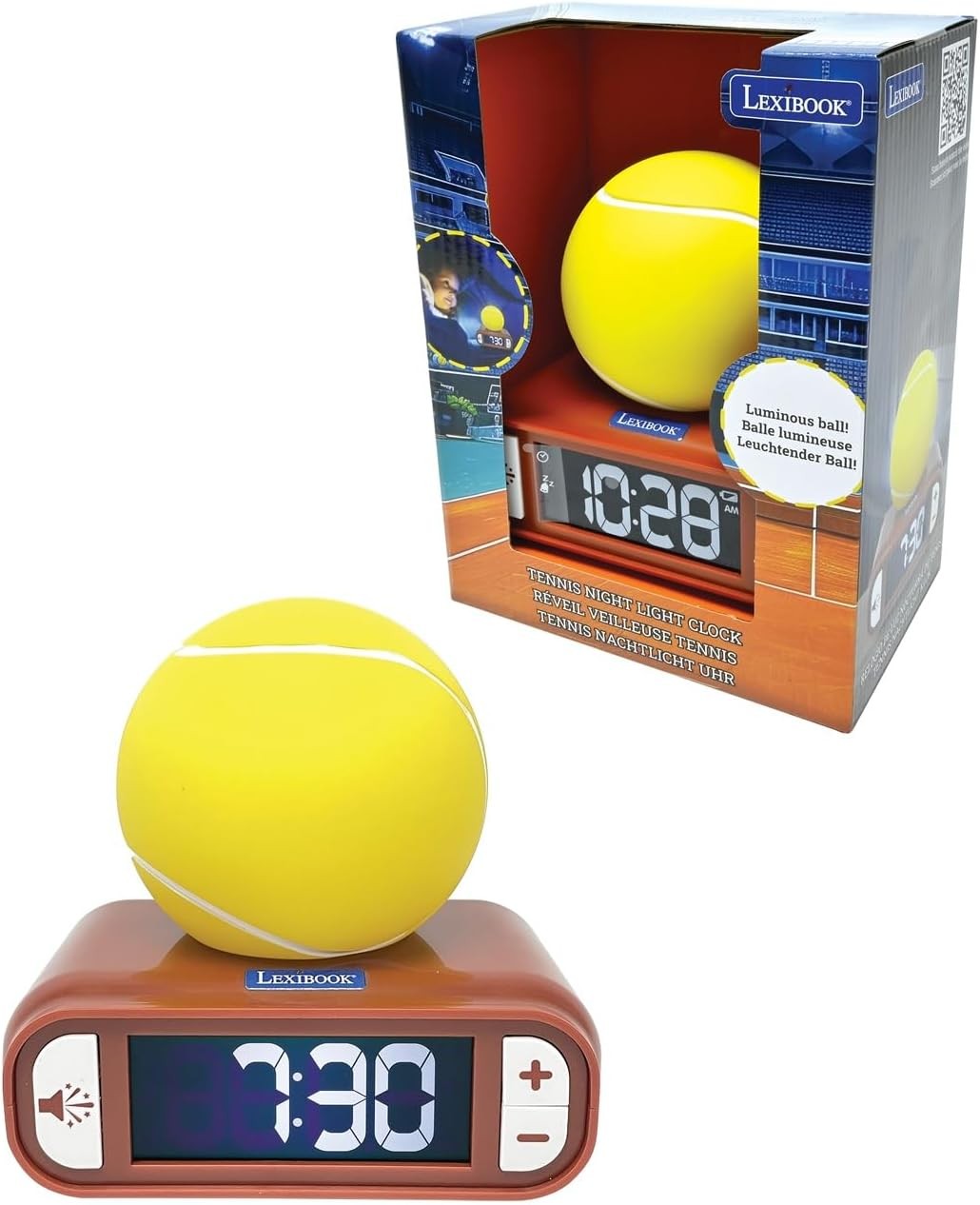 Kids Tennis Ball Alarm Clock Yellow Night Light LCD Snooze Sounds