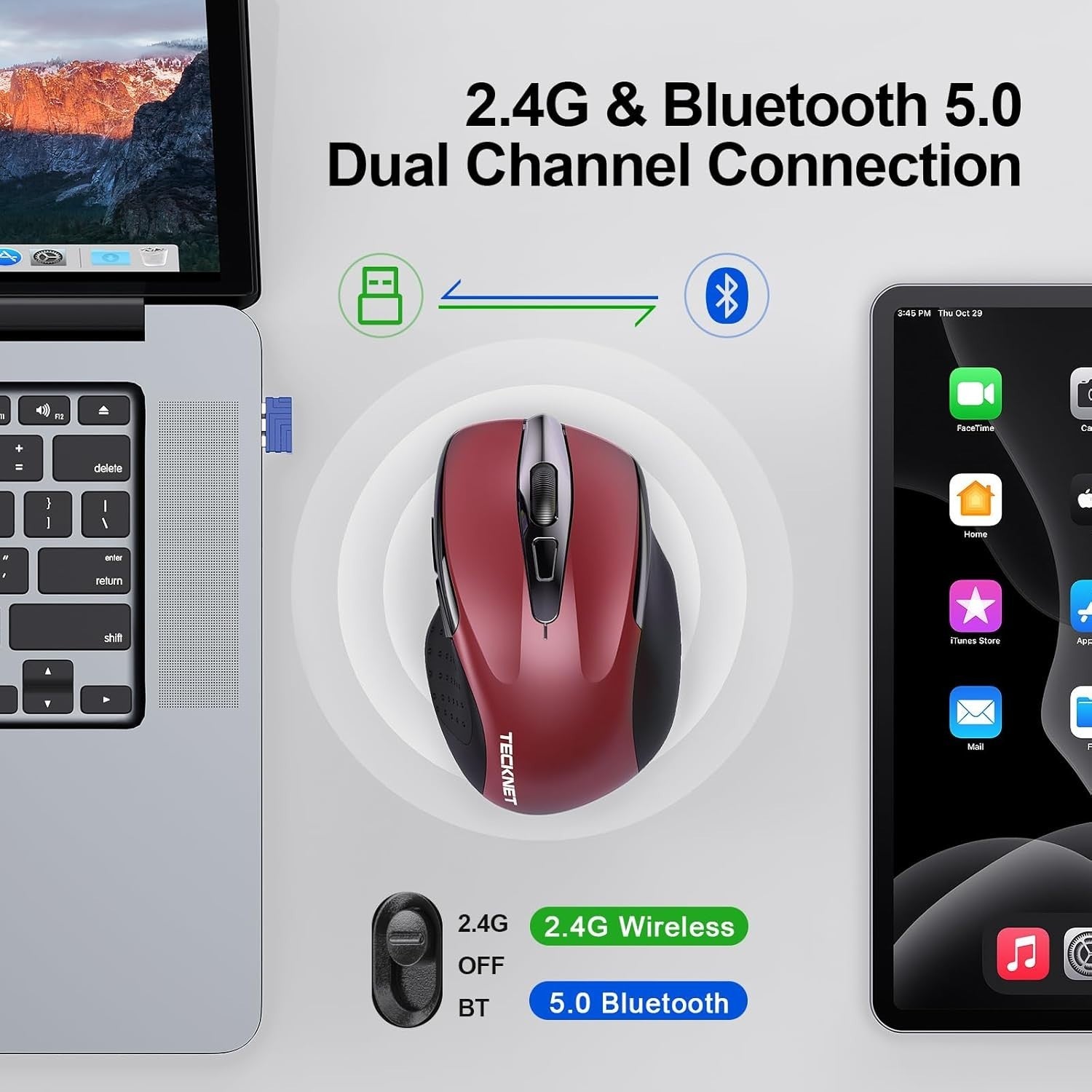 Red Rechargeable Wireless Mouse Silent Bluetooth Tri Mode 4800DPI Ergonomic