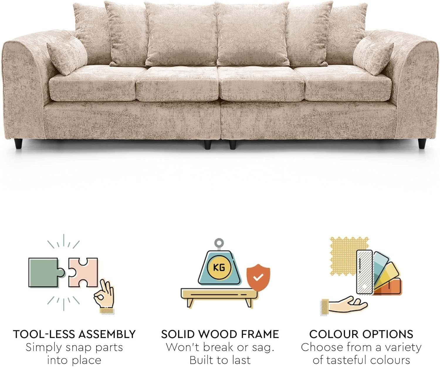 Beige Chenille 4-Seater Sofa with Deep Cushions & Soft Fabric – Family Comfort