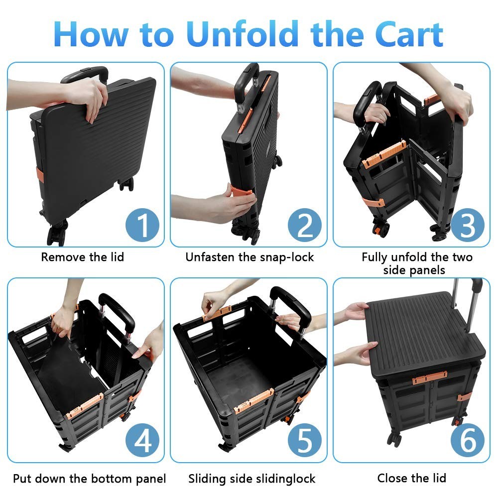 Heavy Duty 50L Folding Shopping Trolley Cart 60KG with 360° Wheels