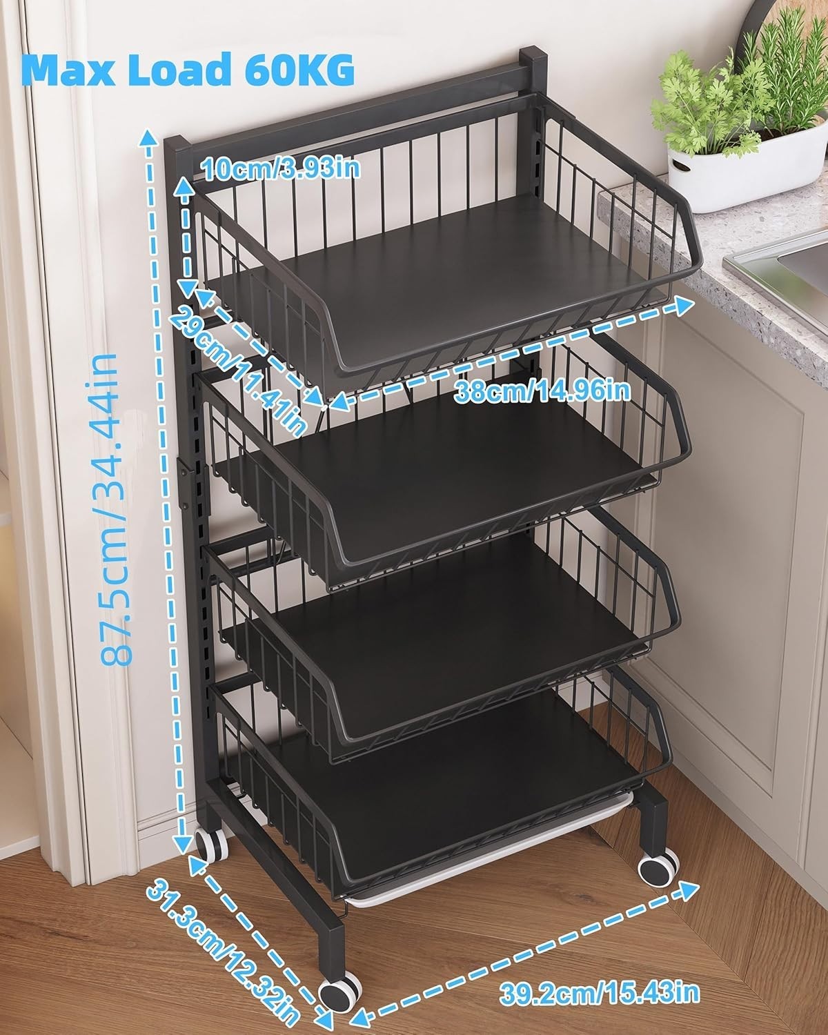 4 Tier Rolling Kitchen Storage Trolley Vegetable Rack Cart Black