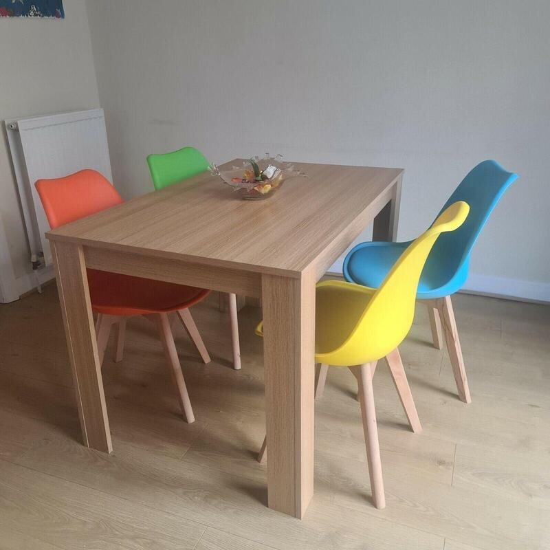 Dining Table Set with 4 Colour Chairs, Oak Effect MDF Kitchen Furniture