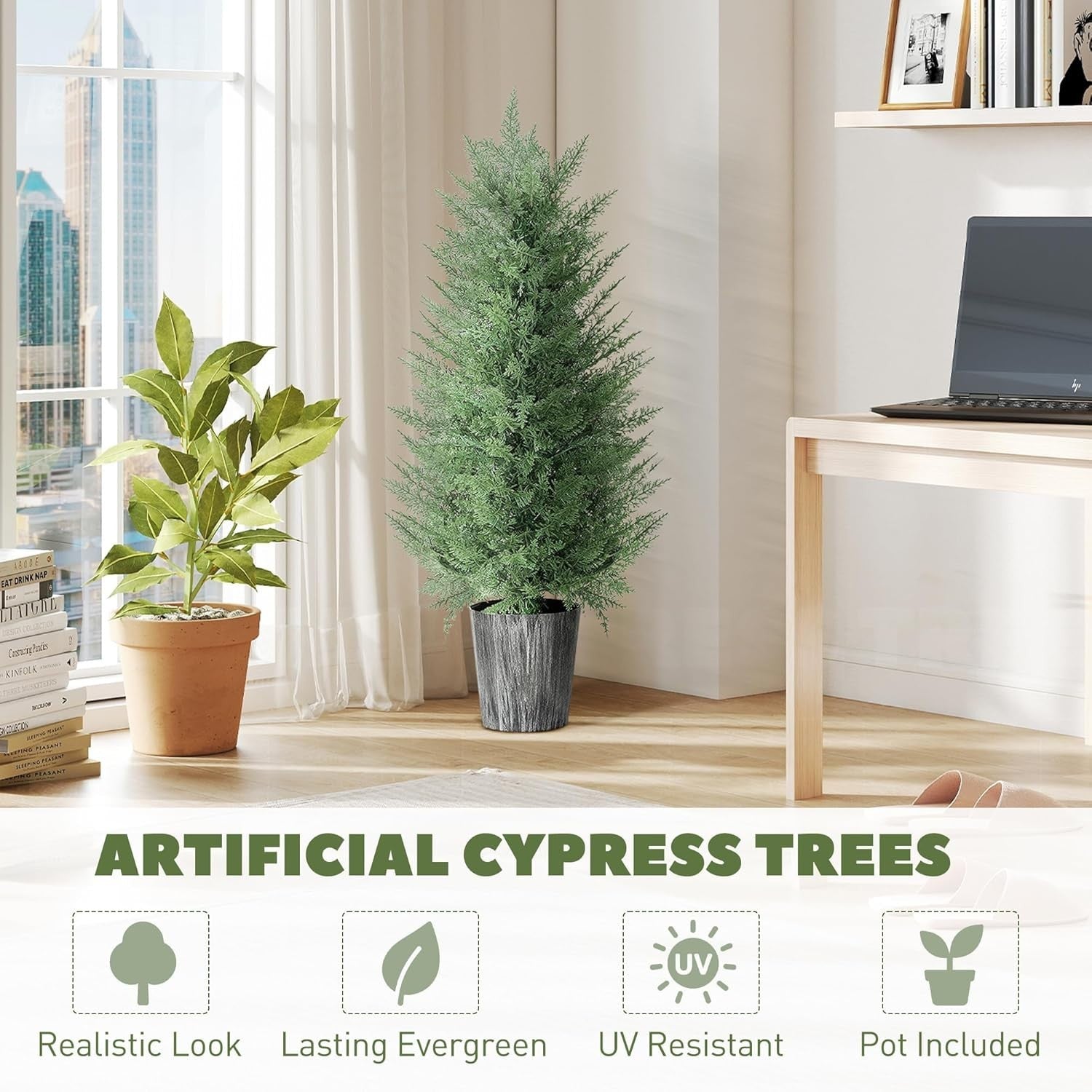 Set of 2 Artificial Cypress Trees 90cm UV Resistant Faux Plants w/ Pots Outdoor