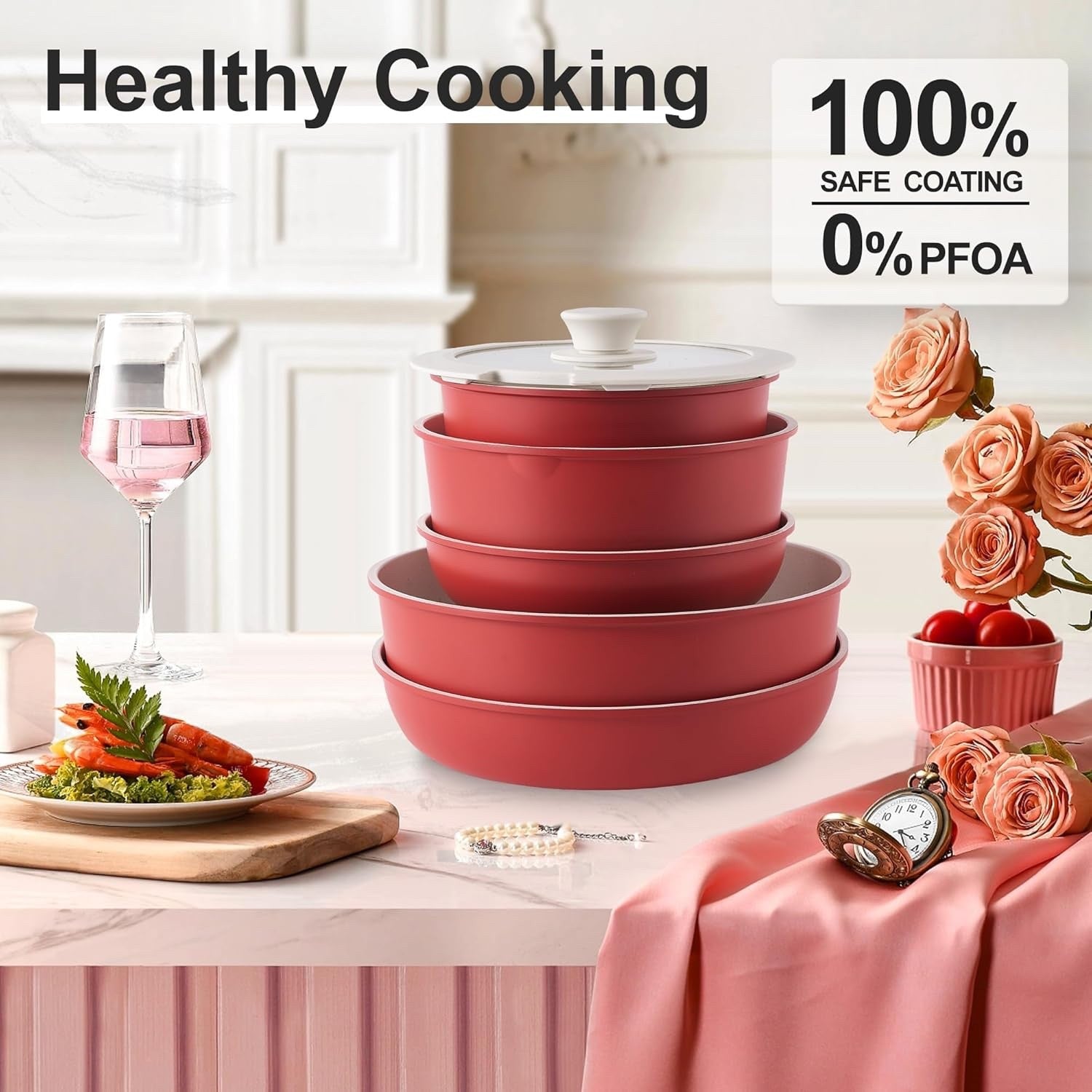 5Pcs Red Pots Pans Set with Glass Lids & Detachable Handle Induction Safe