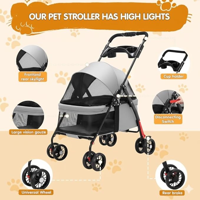 Lightweight Pet Stroller Foldable 4 Wheel Pushchair for Small Dogs Cats