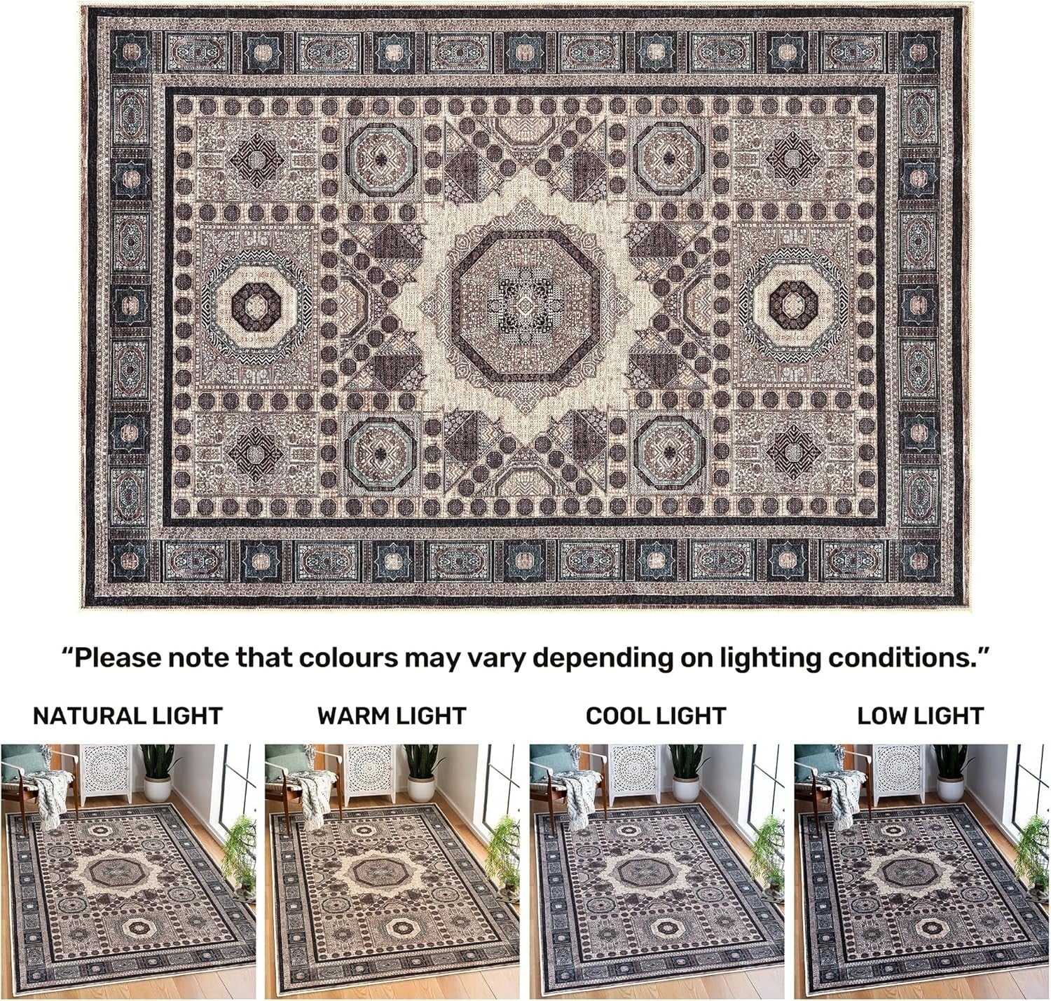 Washable Rug 122x170cm Non-Slip Short Pile Vintage Area Carpet Brown Beige