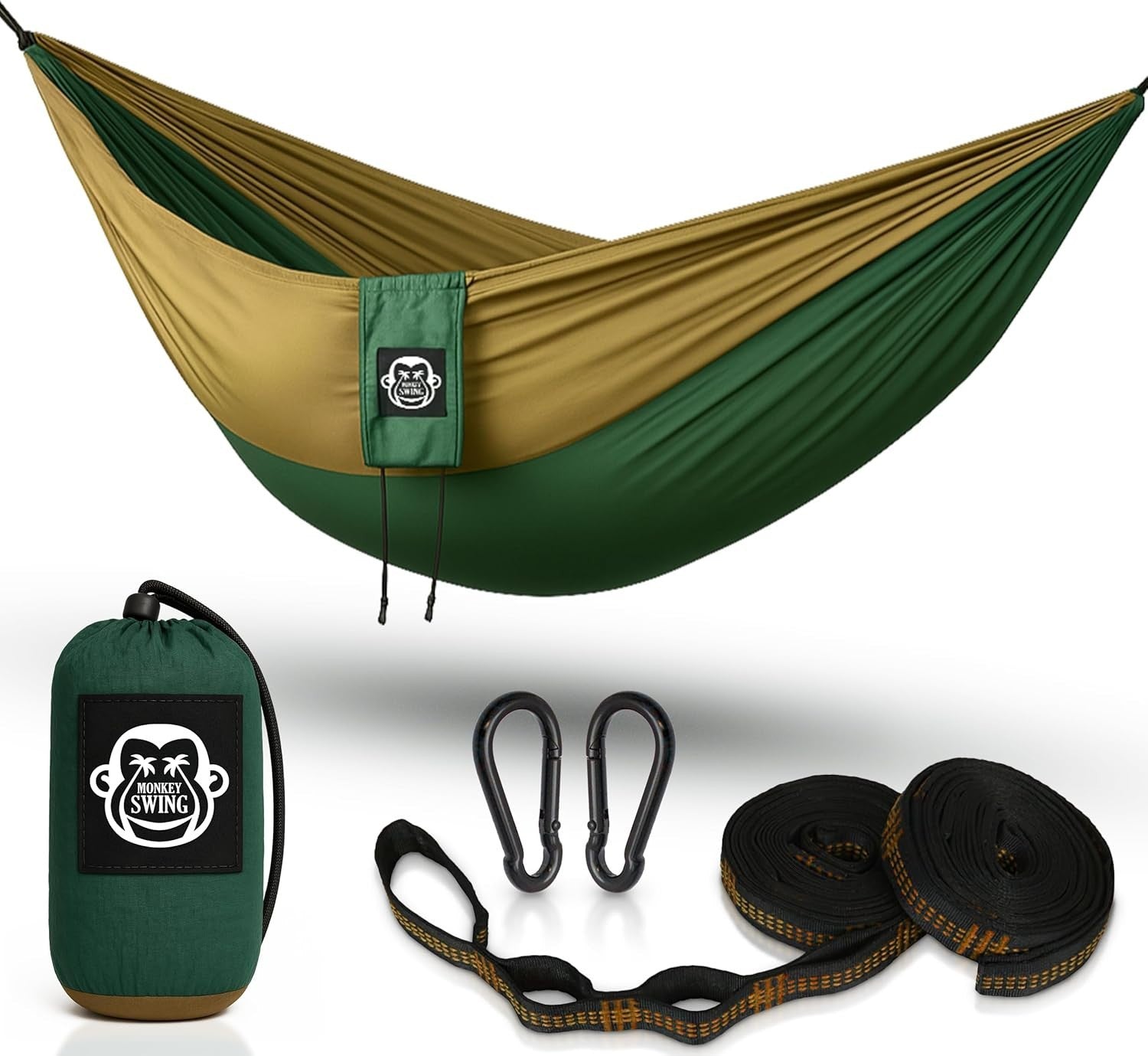 Ultralight Camping Hammock Green/Khaki | 300kg Load, Tree Straps & Carabiners