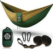 Ultralight Camping Hammock Green/Khaki | 300kg Load, Tree Straps & Carabiners
