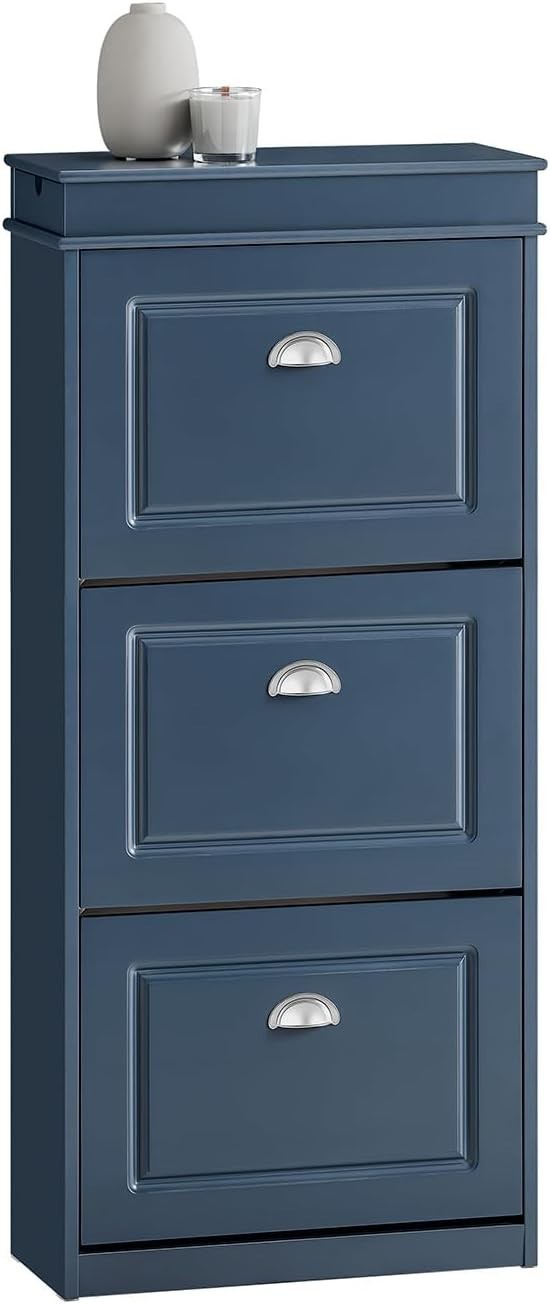 Blue Slim Shoe Cabinet with 3 Flip Drawers, Narrow Hallway Storage Unit