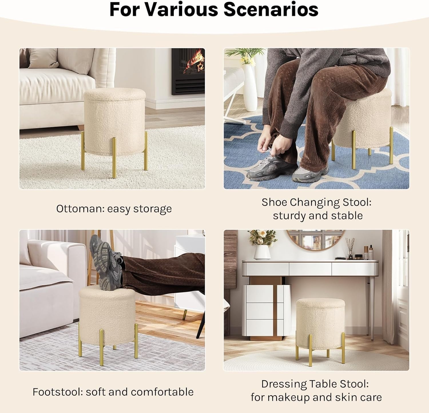 Beige Teddy Fleece Ottoman Stool with Storage Round Folding Seat 41cm