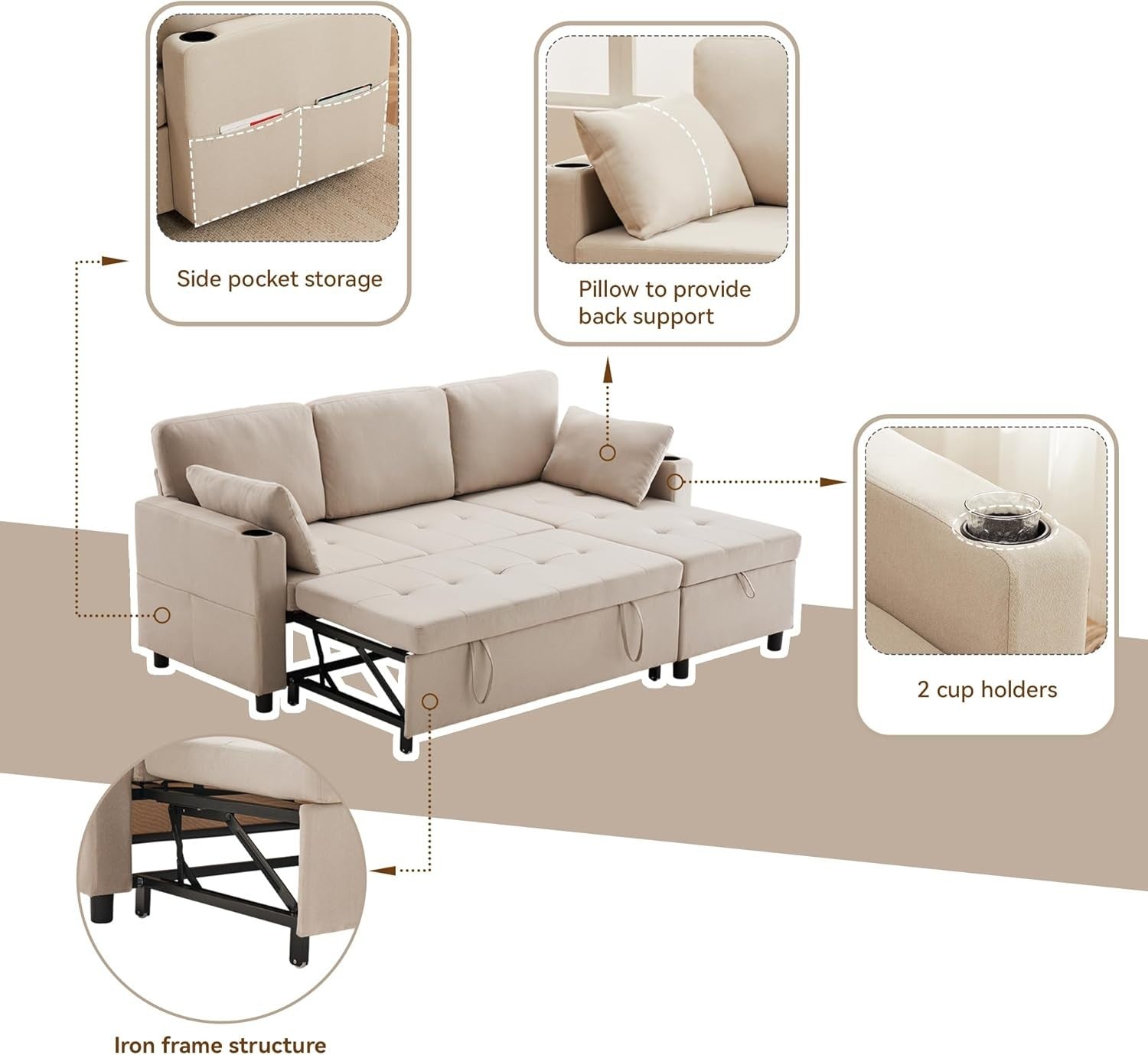 L Shape Sofa Bed w/Storage Pull Out Sleeper Cup Holders Beige 3 Seater