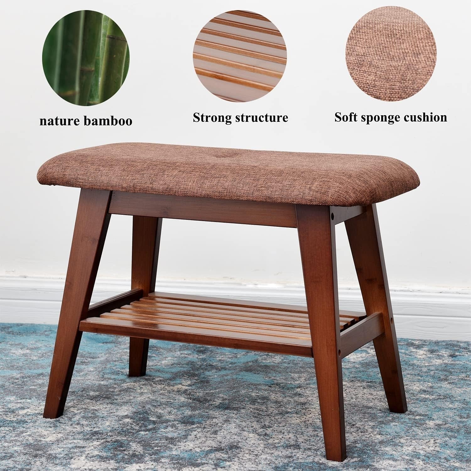 Durable Bamboo Shoe Bench with Cushion & 2-Tier Storage Rack 60cm Brown