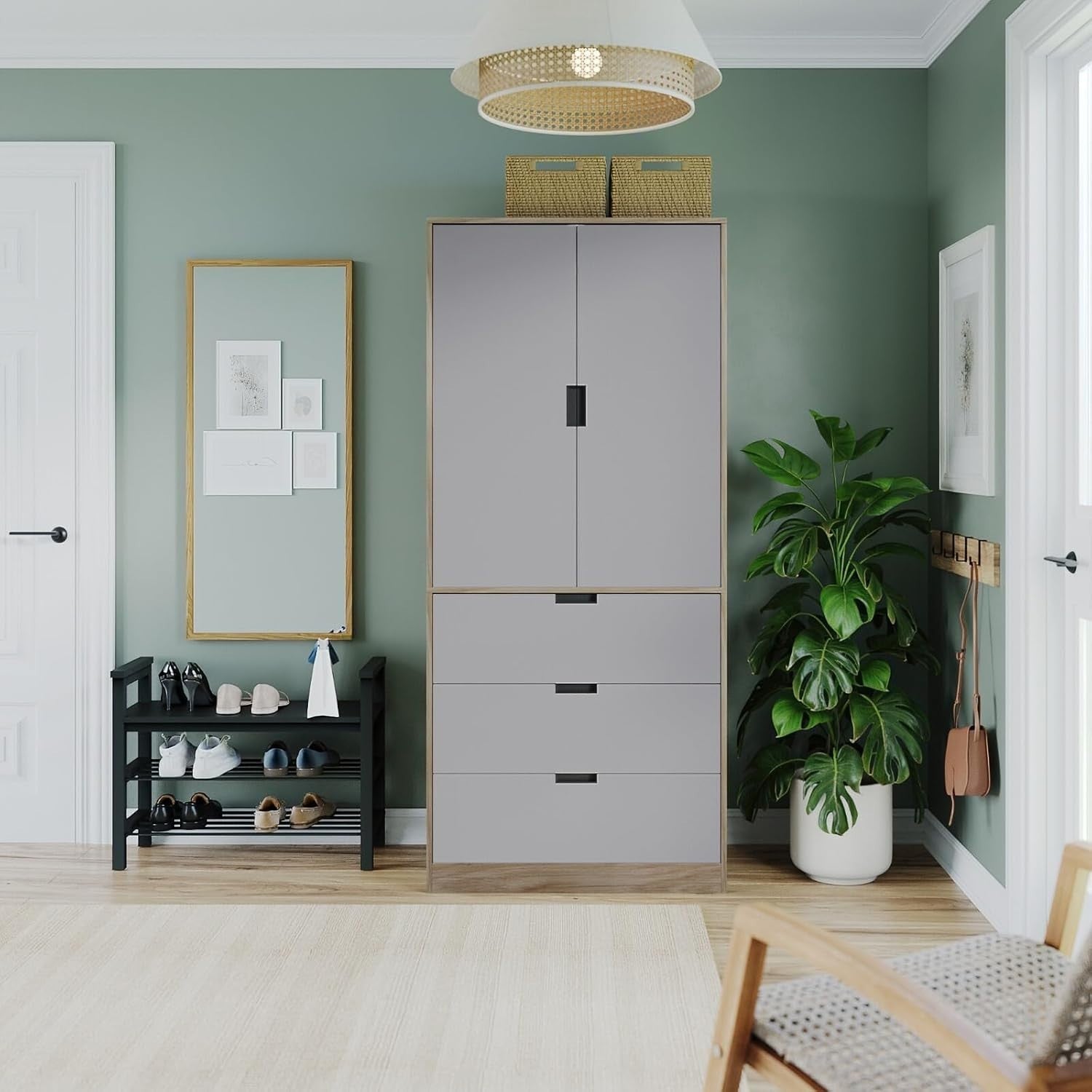 Grey 2 Door Wardrobe with 3 Drawers & Rail | Oak Effect 180cm Storage