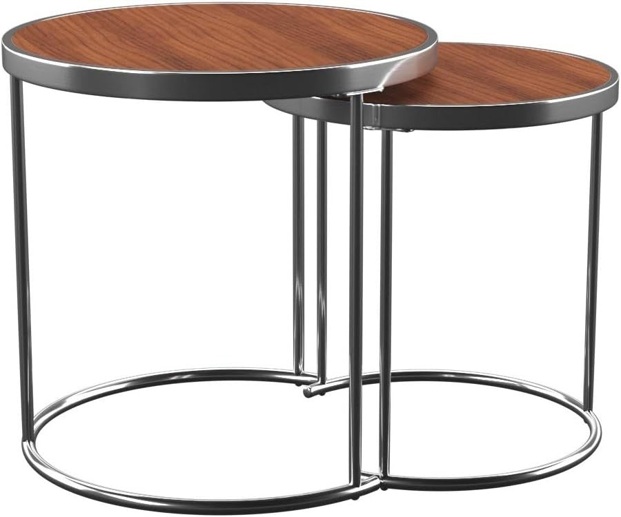 2pc Round Nesting Coffee Table Set Wood Top Chrome Metal Base Modern Living Room