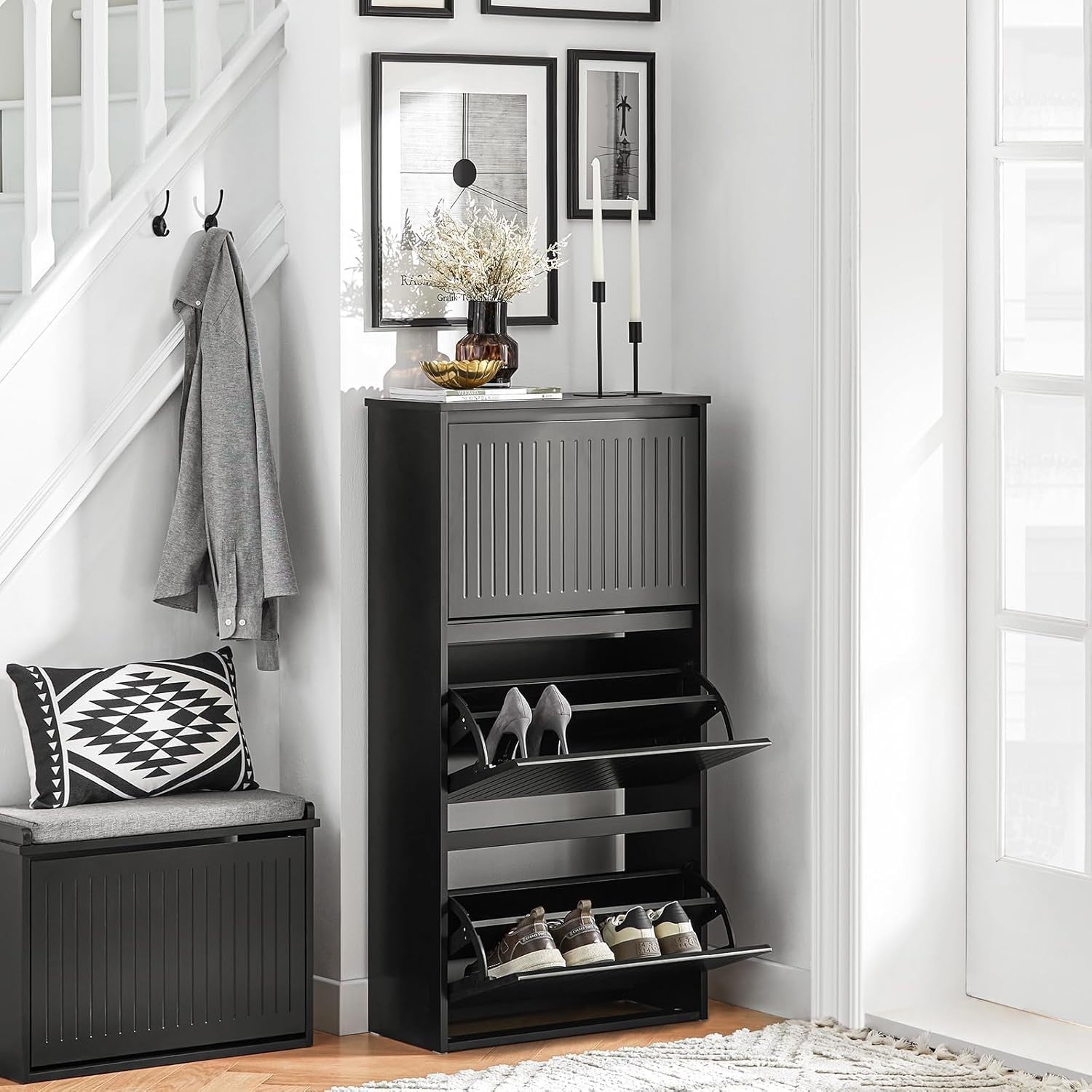 Black Slim 3 Flip-Drawer Shoe Cabinet – Modern Space-Saving Storage Unit
