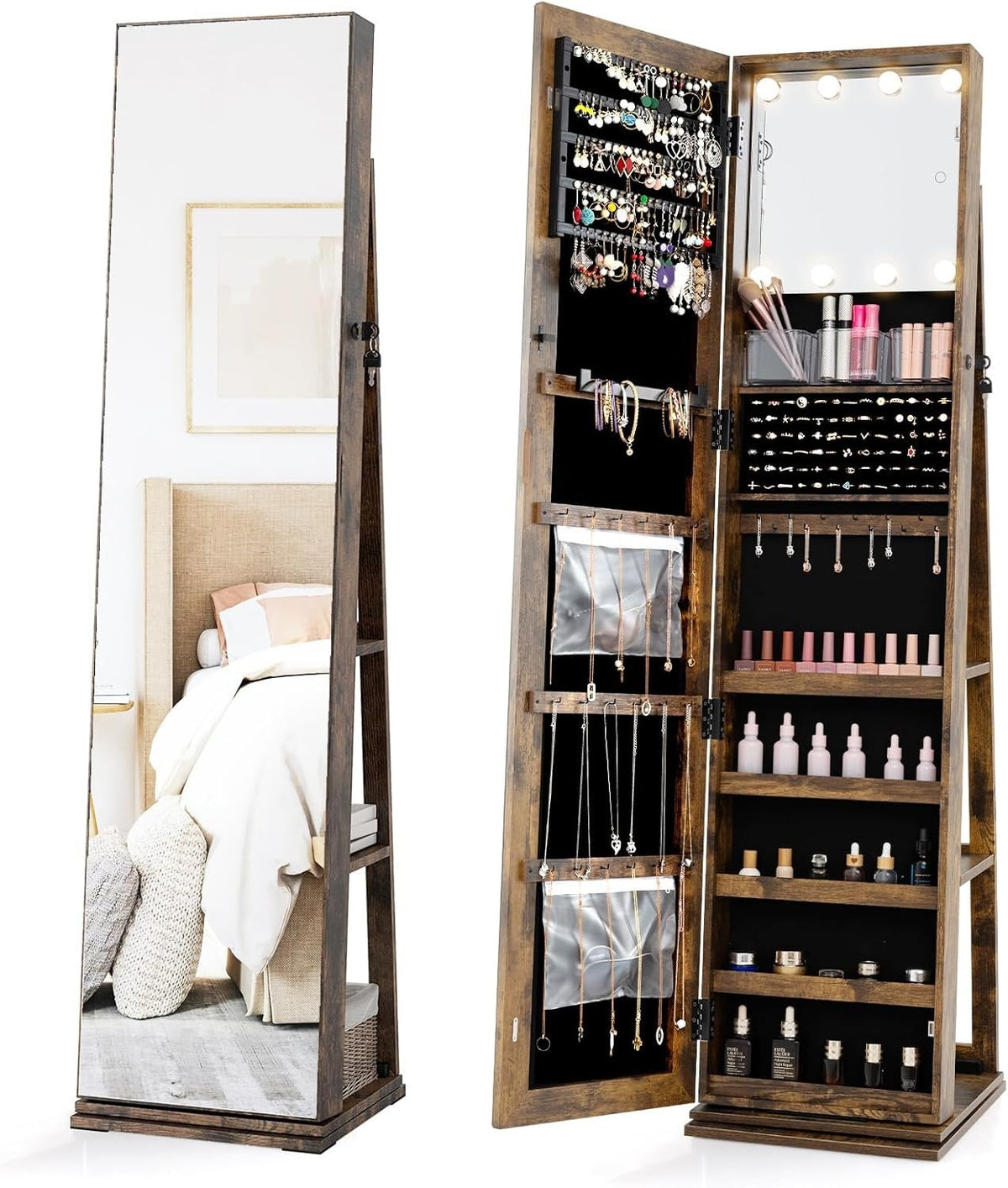 Rustic Brown 360° Swivel Jewelry Cabinet LED Mirror Lockable Storage