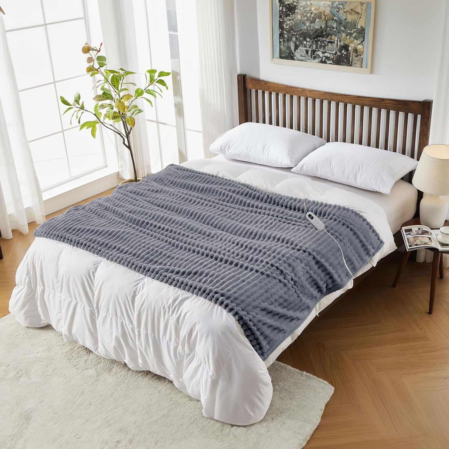 Electric Heated Blanket Throw Fleece Grey Overblanket Timer Washable