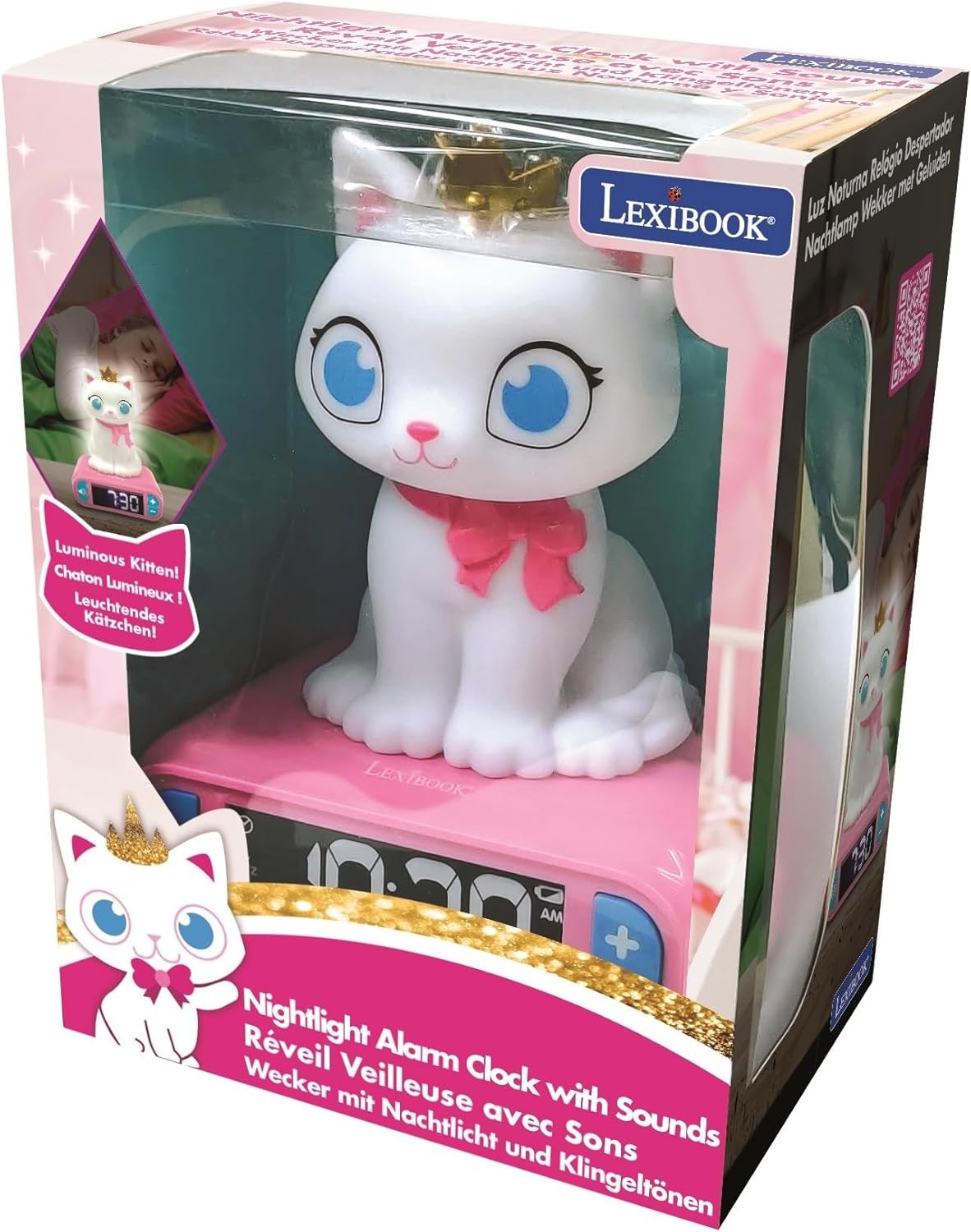 Kids Kitten Alarm Clock Night Light LED Display Snooze Sounds Bedroom