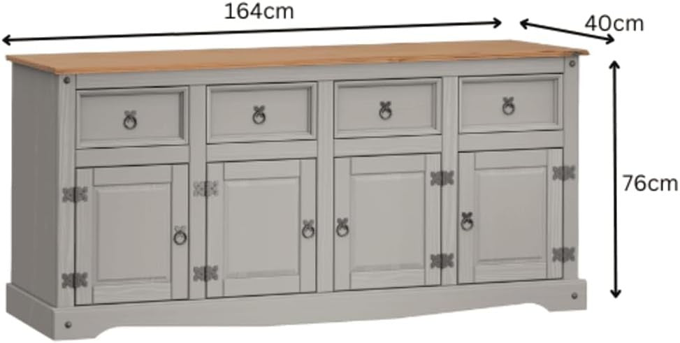 Shabby Chic Grey Pine Sideboard 4 Door 4 Drawer Storage Cabinet Crockery Unit