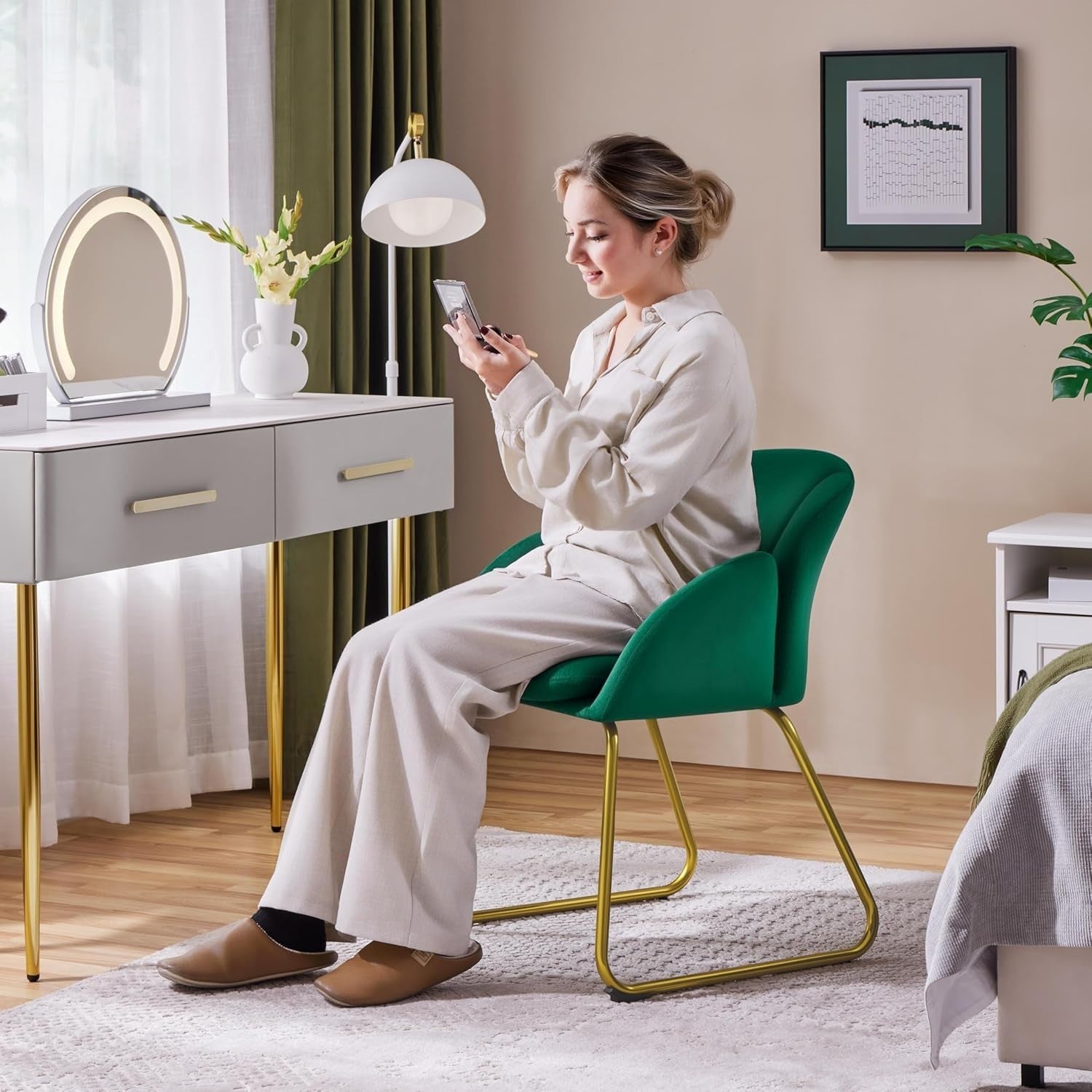Green Velvet Tub Vanity Chair Petal Accent Armchair with Gold Metal Legs