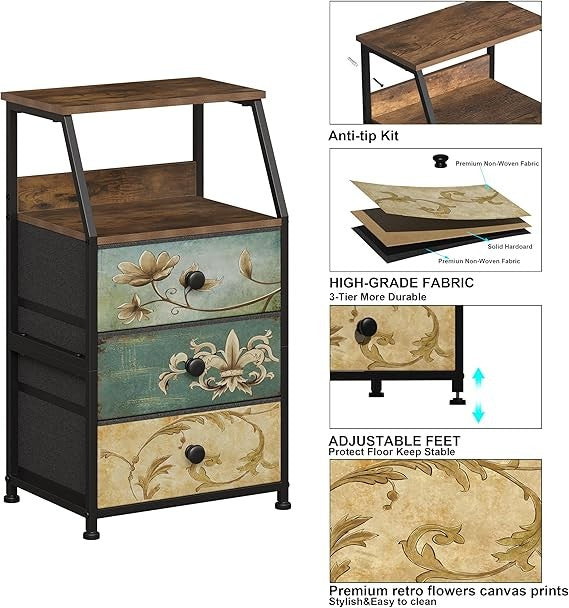 Vintage 3-Drawer Bedside Table with Open Shelf Storage | Rustic Metal Frame