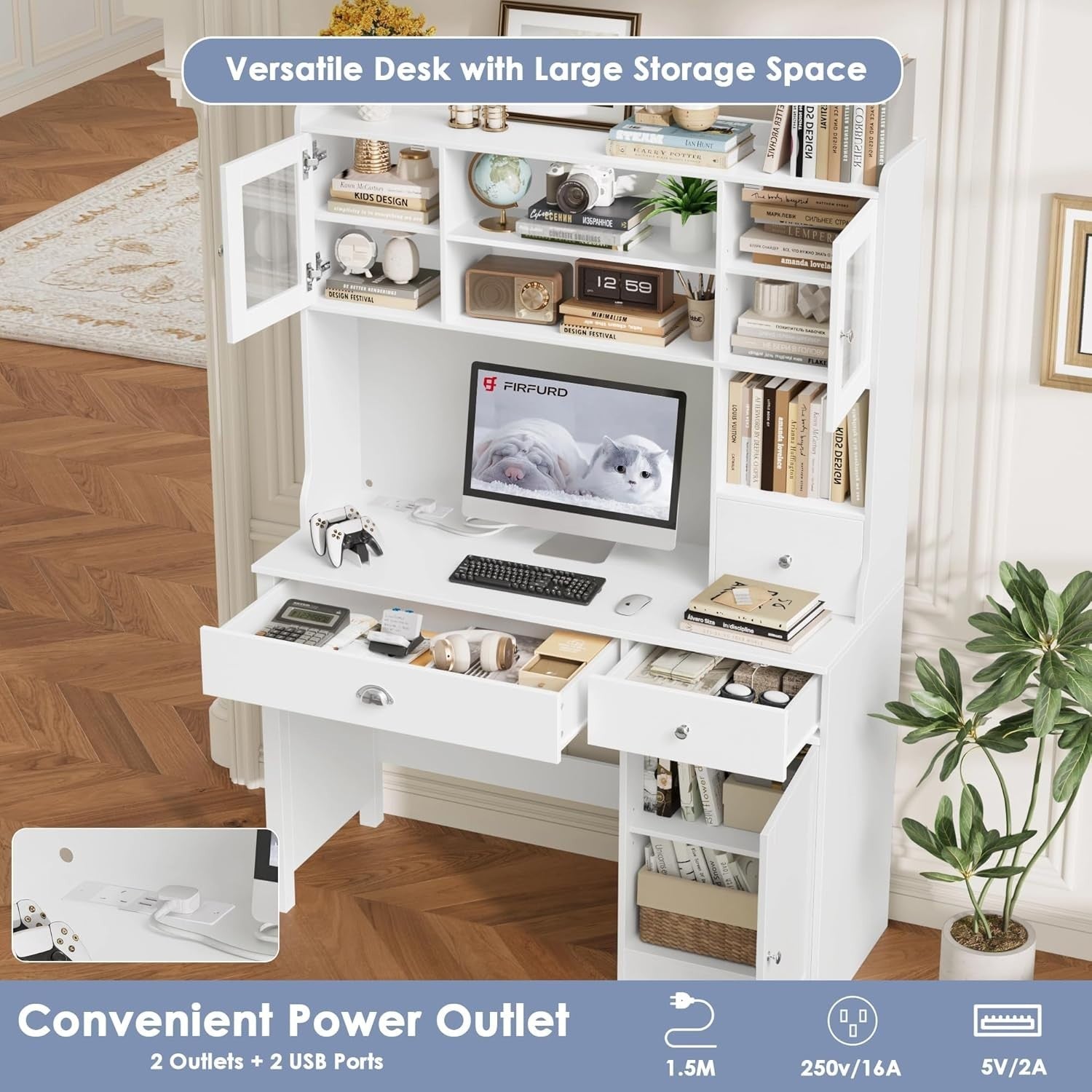 White Computer Desk with Drawers, Shelves, Power Outlet & LED Lights 120cm