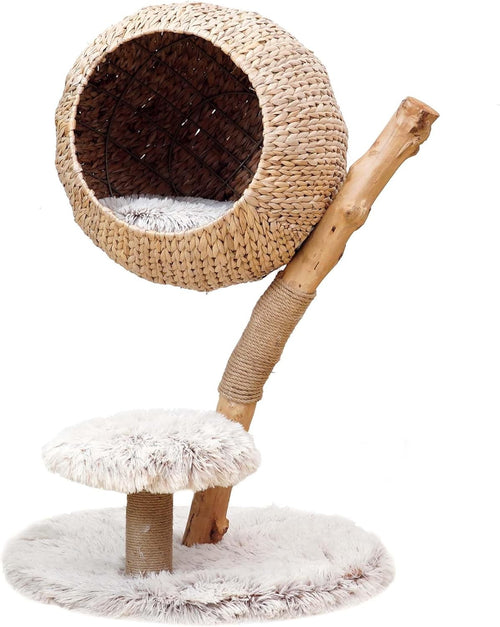 83cm Designer Cat Tree with Basket Bed Natural Wood Scratching Post