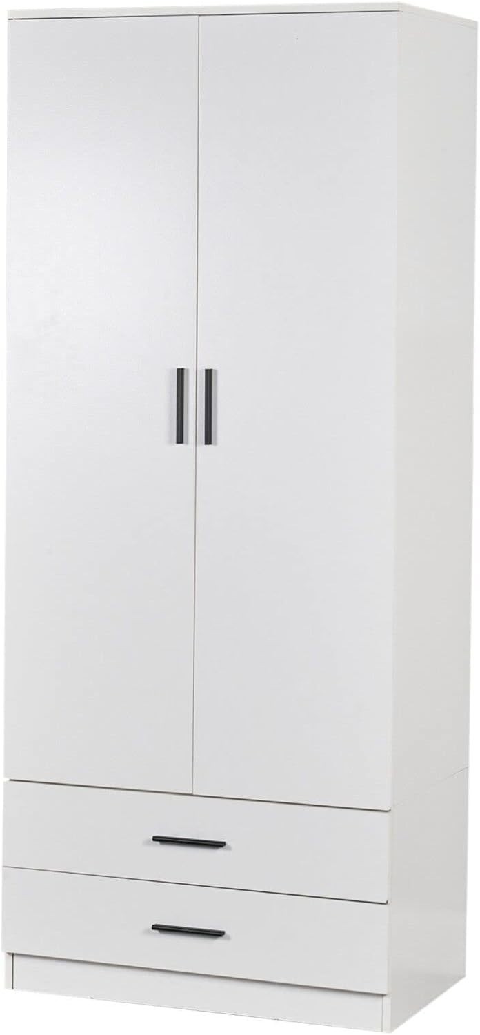 White 2 Door Wardrobe with Drawers Modern Bedroom Storage Cabinet