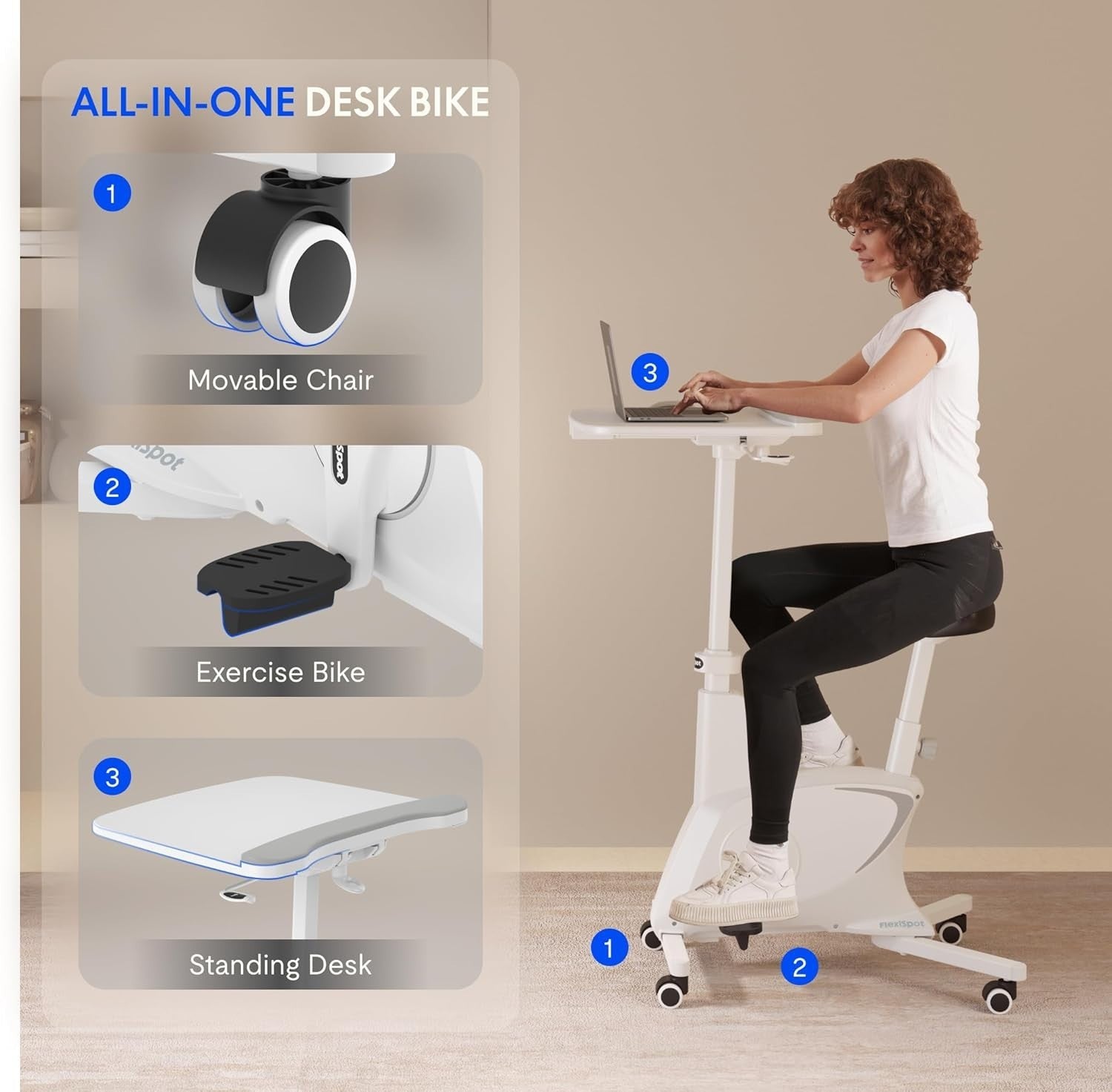 3-in-1 Indoor Desk Exercise Bike w/ Adjustable Seat, Quiet Pedals & Workstation