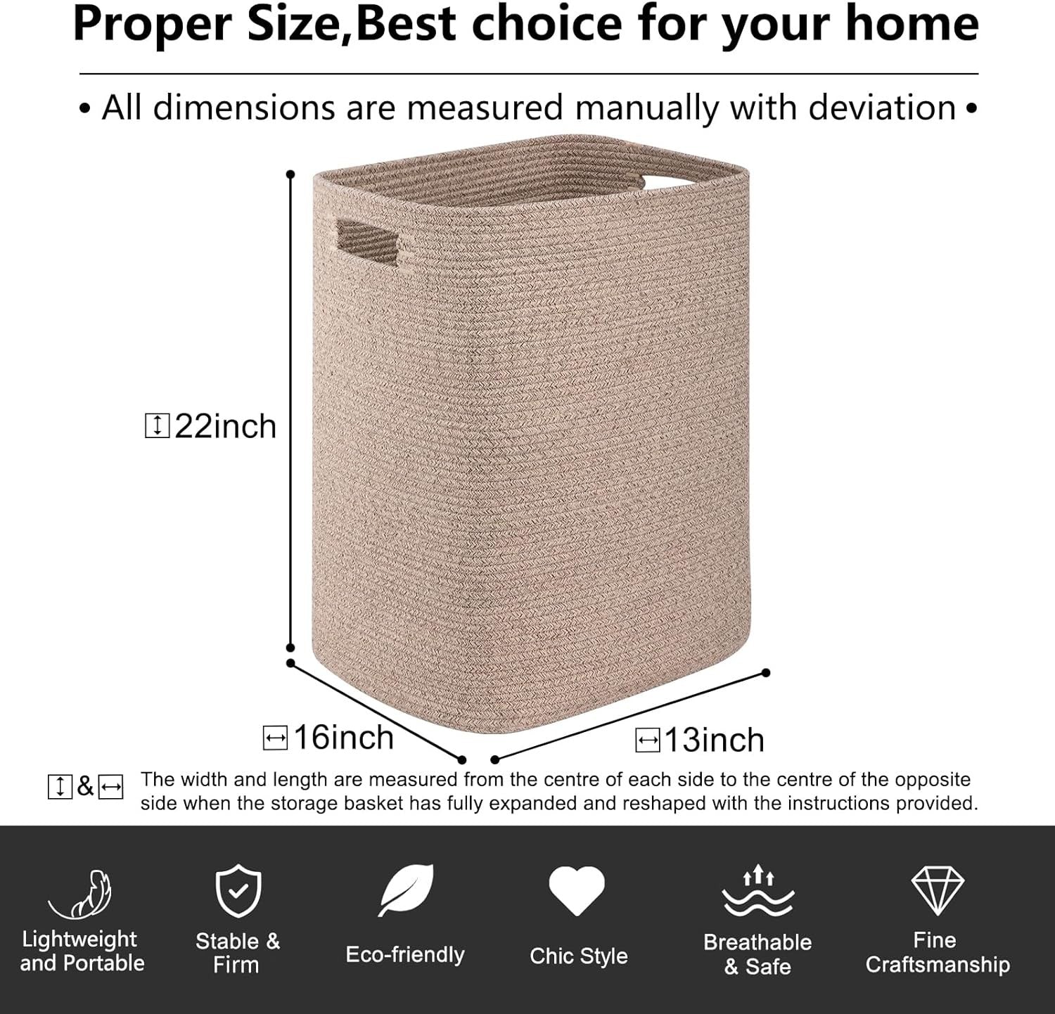 Large Woven Laundry Basket with Handles 16x13x22in Cotton Storage Hamper