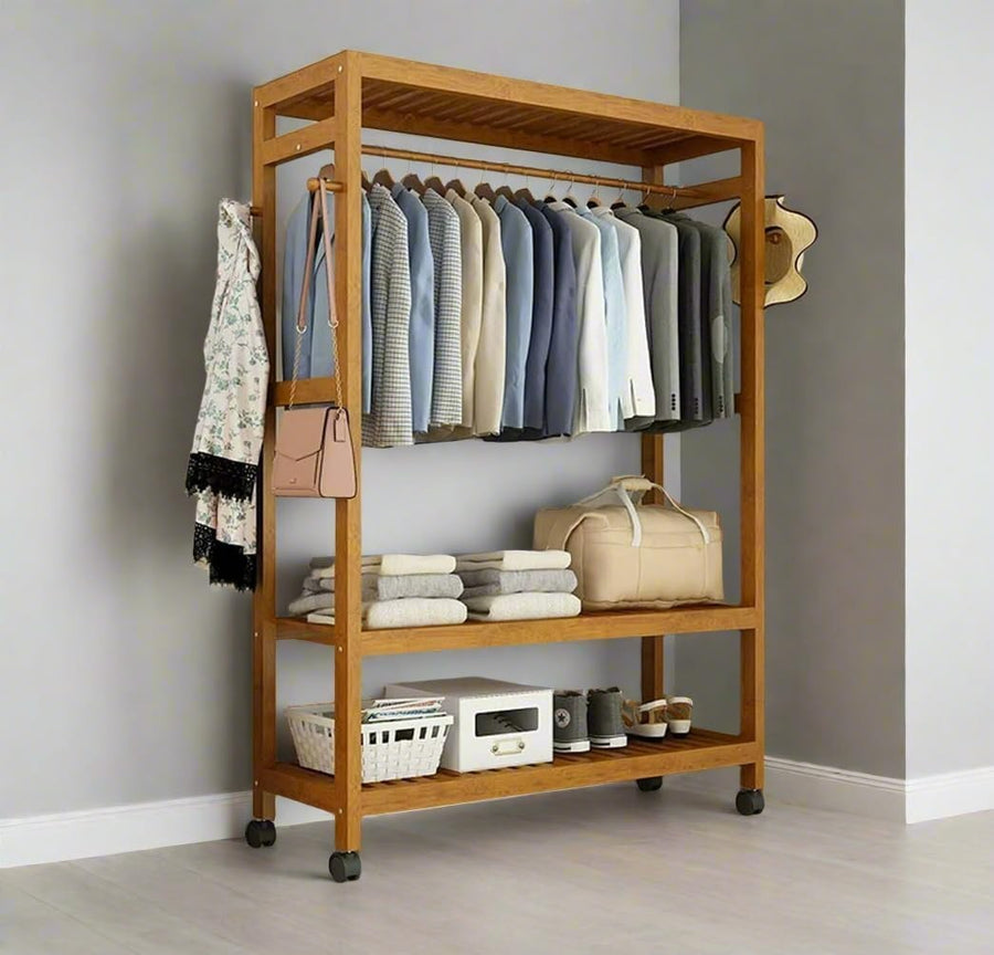 Heavy Duty Wooden Clothes Stand with Wheels, Open Wardrobe Rail