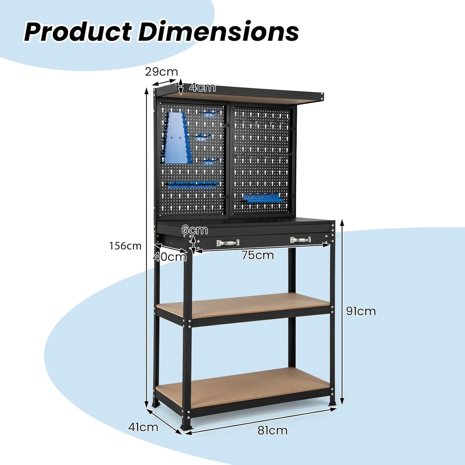 Heavy Duty Garage Workbench with Pegboard Drawer Hooks Tool Station 81x41cm