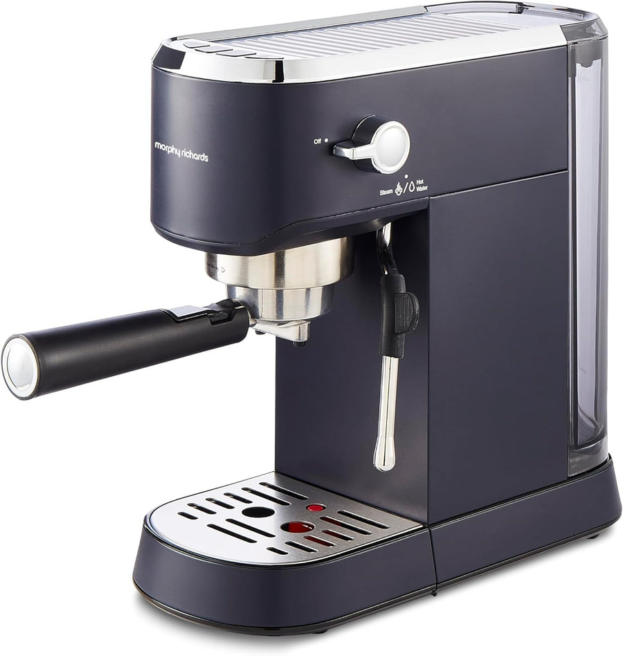 Compact Espresso Machine 15 Bar Pump, Dual Cup, Milk Frother, 1L Tank, Blue