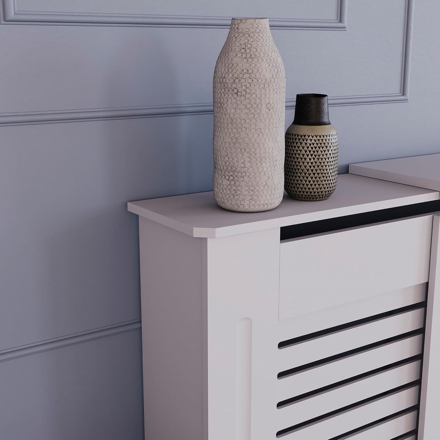 Adjustable White Radiator Cover MDF Cabinet | Modern Slatted Grill Heater Guard