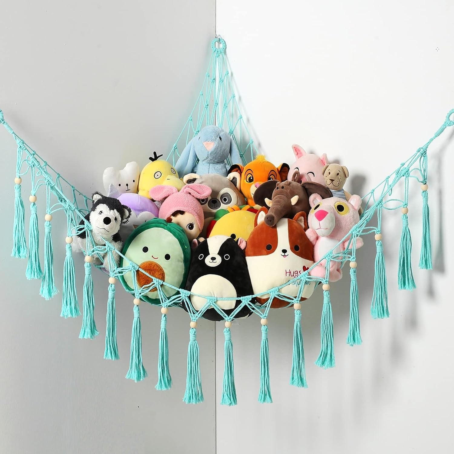 Green Macrame Toy Hammock – Soft Plush Animal Storage Net – Boho Kids Room