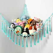Green Macrame Toy Hammock – Soft Plush Animal Storage Net – Boho Kids Room