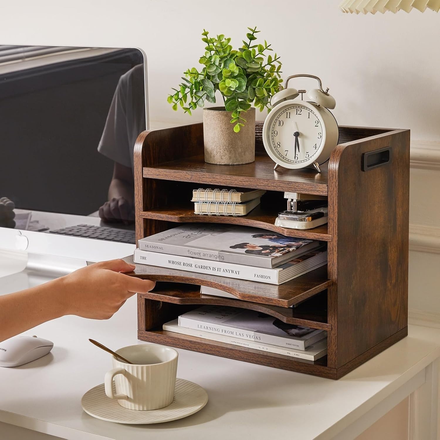 5 Tier Desk File Organiser A4 Paper Tray Magazine Holder Adjustable Wood