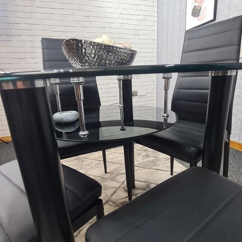 Round Glass Dining Table Set with 4 Faux Leather Chairs Black Modern